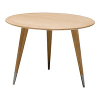 Round wooden table with light natural oak finish and tapered legs, featuring silver accents. Modern and minimalist design.