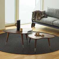 Wooden coffee tables in organic shapes on a dark gray rug, complementing a light-filled, modern living space.
