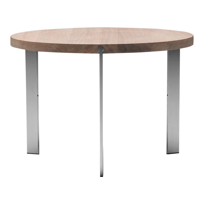 Round wood and chrome table with a smooth light brown surface and sleek metallic legs, perfect for modern decor.