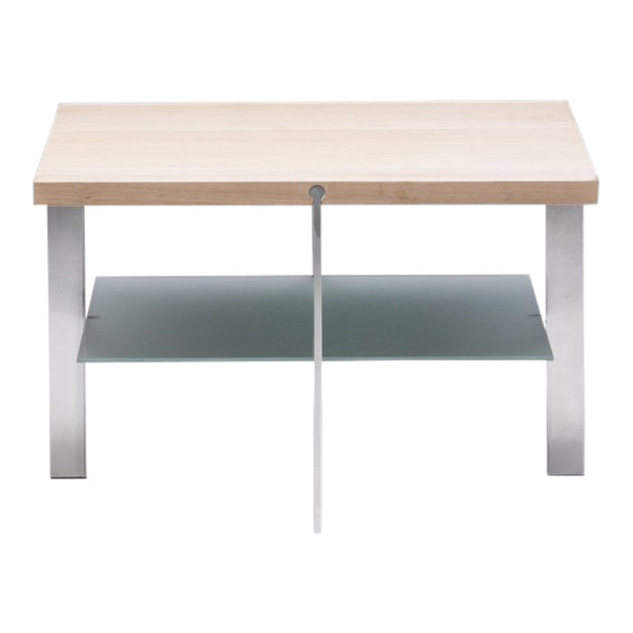 Light wood tabletop with a sleek silver frame and a contrasting glass shelf below. Modern, minimalistic design.