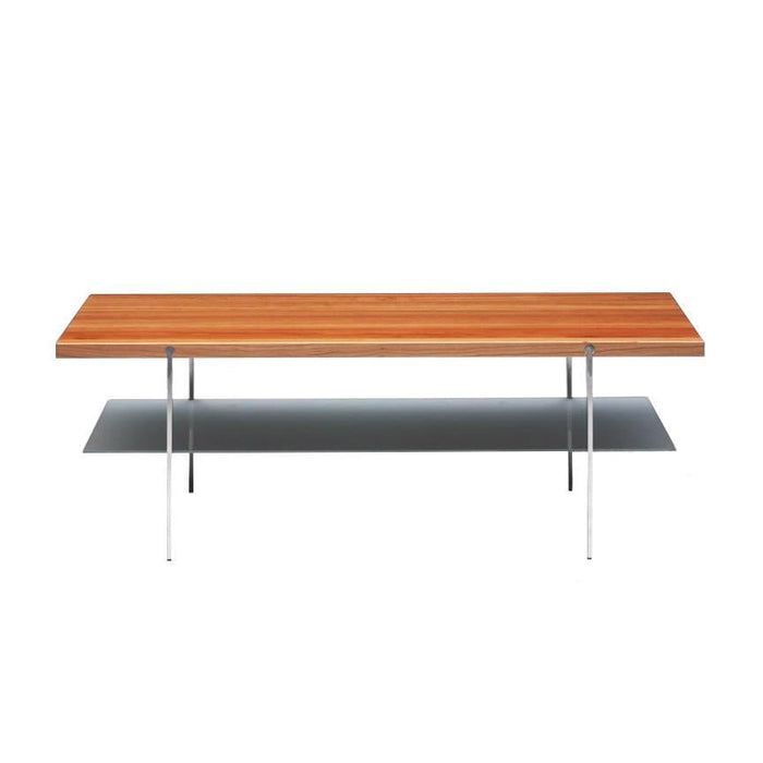 Wooden coffee table with a natural finish and sleek metal accents in silver. Modern design with clean lines and minimal pattern.