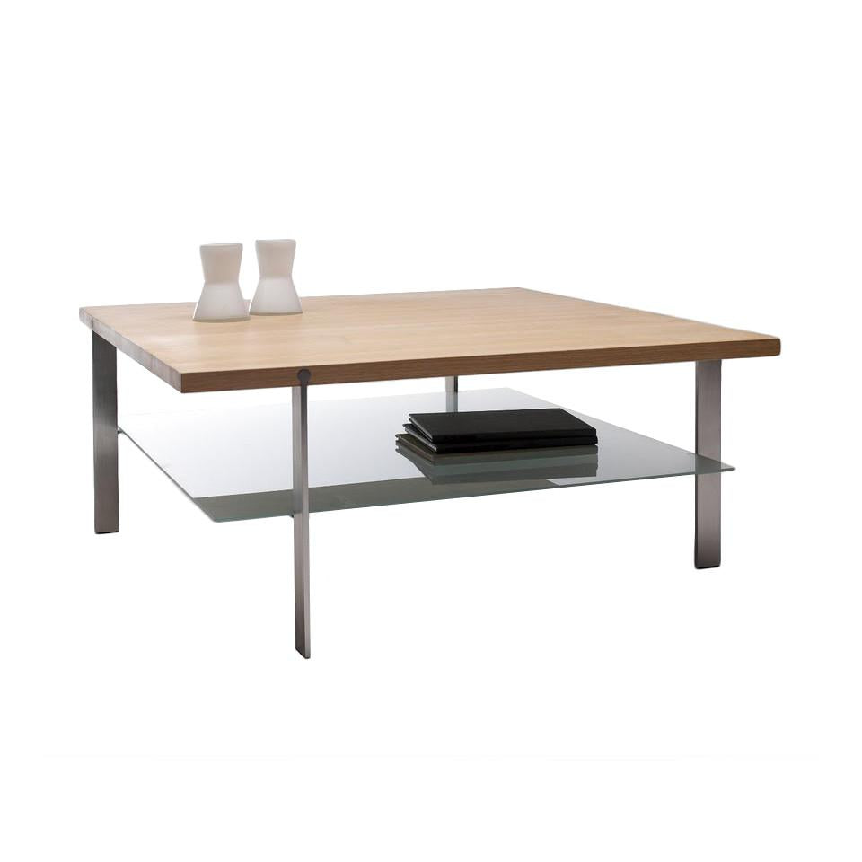 Modern square coffee table with a natural wood top, glass shelf, and sleek silver metal legs.
