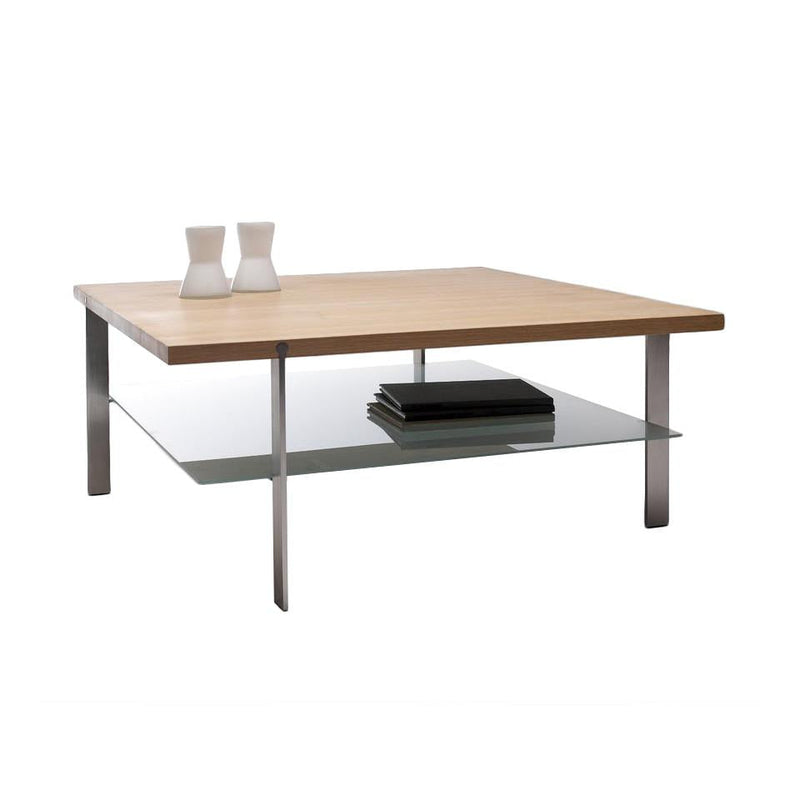 Modern square coffee table with a natural wood top, glass shelf, and sleek silver metal legs.