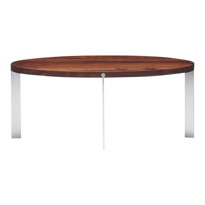 Oval wooden coffee table with a rich brown finish and sleek silver metal legs. Modern design with minimalistic style.