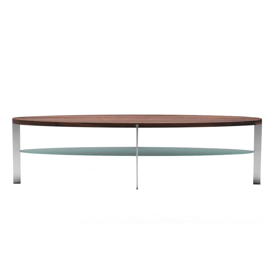 Modern oval coffee table with a rich walnut top and sleek glass shelf, featuring minimalist chrome legs.