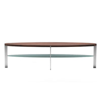 Modern oval coffee table with a rich walnut top and sleek glass shelf, featuring minimalist chrome legs.