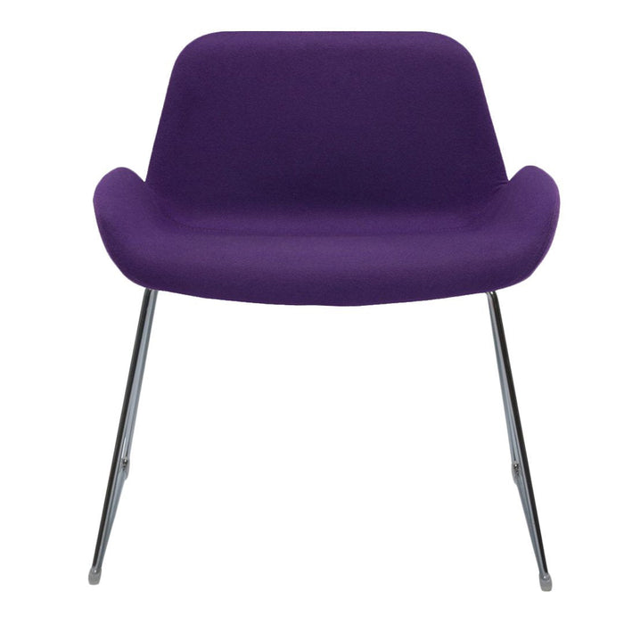 Vivid purple upholstered chair with sleek chrome legs, offering a stylish and modern design. Ideal for contemporary spaces.