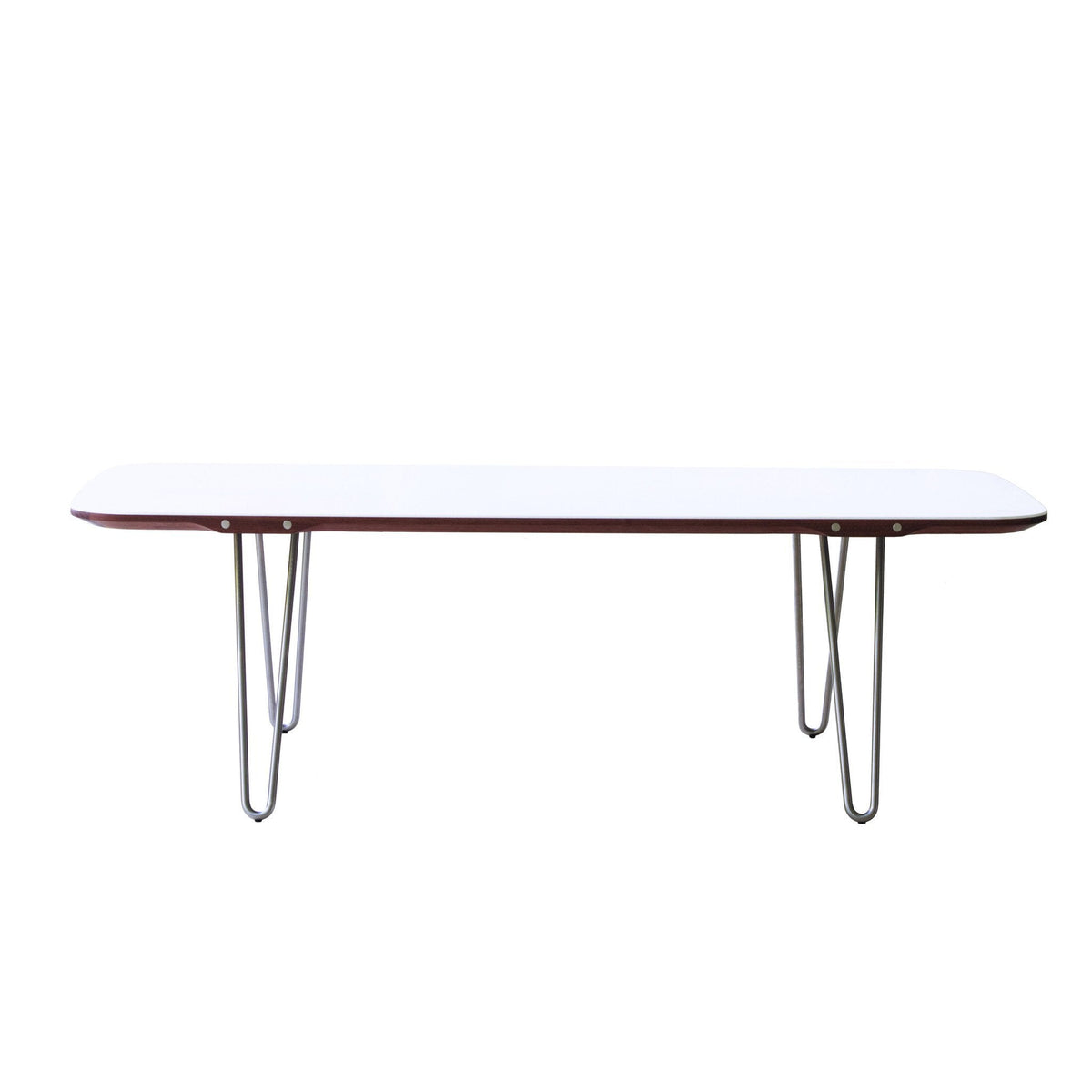 Modern white table with sleek wood trim and metal legs, featuring a minimalist design for contemporary spaces.