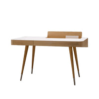 Light wood desk with a white tabletop and sleek, minimalist design, featuring tapered legs and a simple, modern aesthetic.