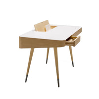 Light wooden desk with a white surface and sleek mid-century modern design, featuring two storage drawers.