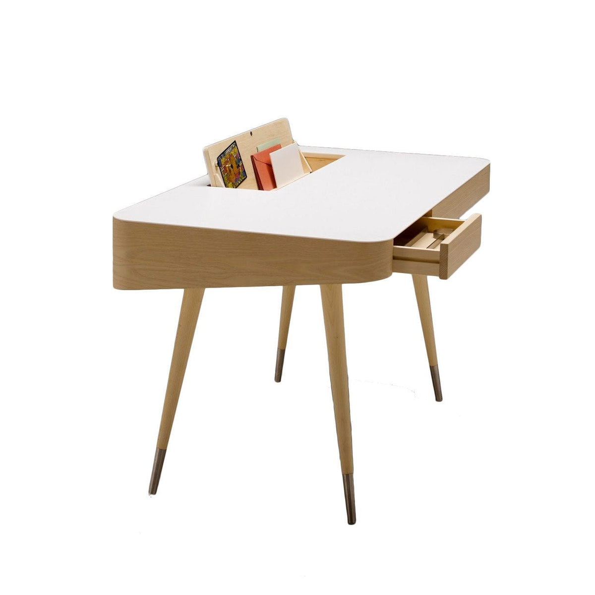 Modern wooden desk with a clean white top and natural wood finish, featuring sleek drawers and minimalist design.