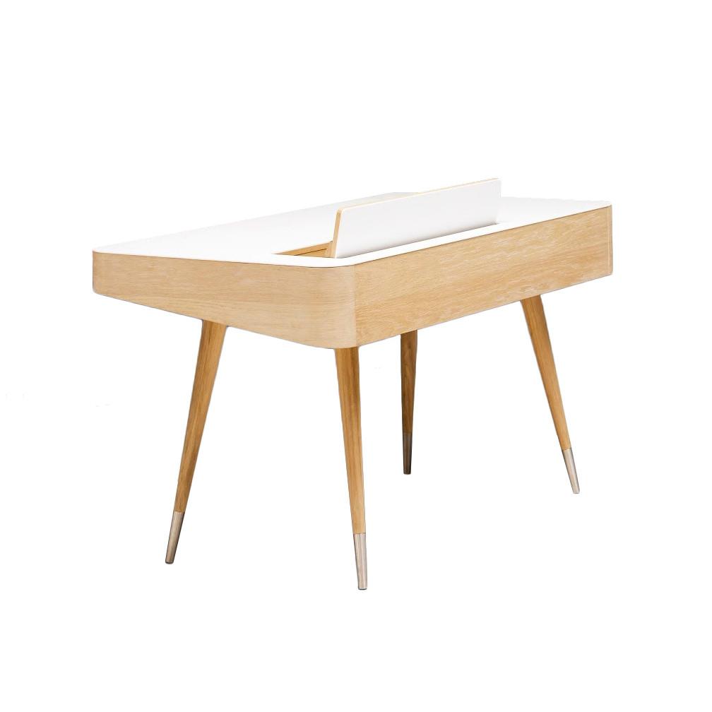 Light wood desk with white top and sleek, angular design, featuring tapered legs and modern, minimalist style.