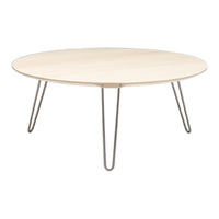Light wood round coffee table with minimalist metal legs, featuring a smooth surface and sleek design.