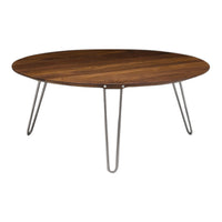 Brown wood circular coffee table with sleek silver legs, featuring a smooth, minimalist design.