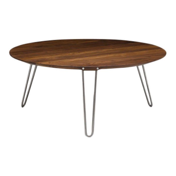 Brown wood circular coffee table with sleek silver legs, featuring a smooth, minimalist design.