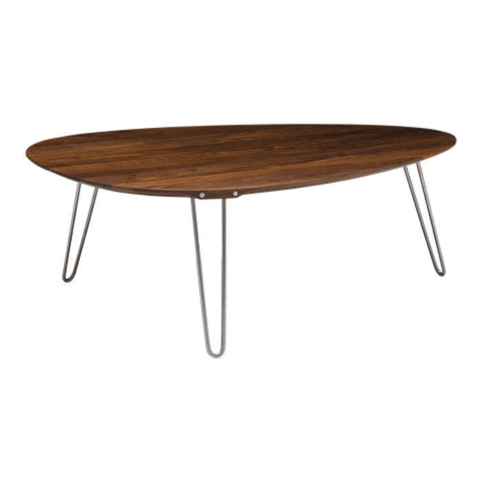 Mid-century modern coffee table with a walnut finish and minimalist metal legs, featuring a sleek, oval silhouette.