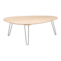 Light wooden oval coffee table with sleek metal legs, minimalist design, and smooth natural finish.