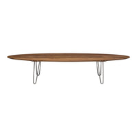Oval wooden coffee table with a rich brown finish and minimalist metal legs. Stylish and modern design.