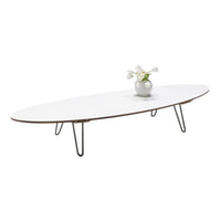 White oval coffee table with natural wood edges and sleek black metal legs, showcasing a minimalist design.