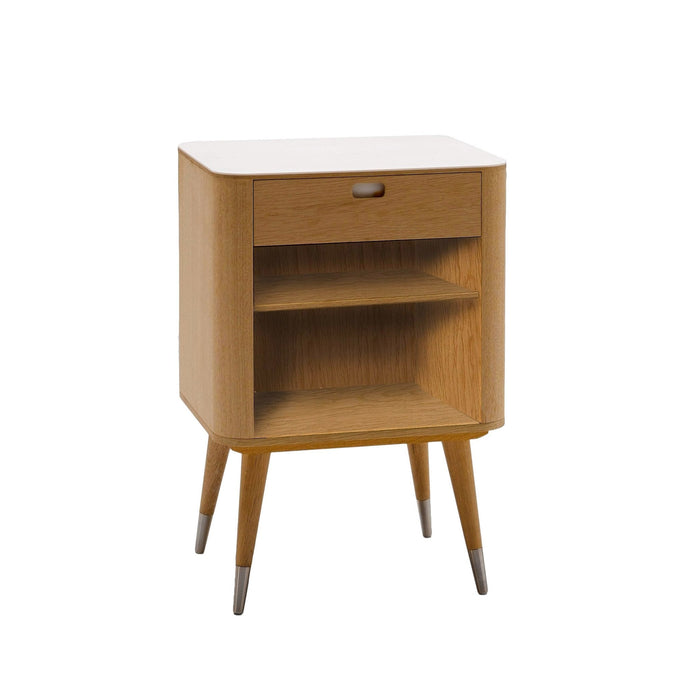Light wood nightstand with a white top and sleek tapered legs, featuring a simple, modern design.