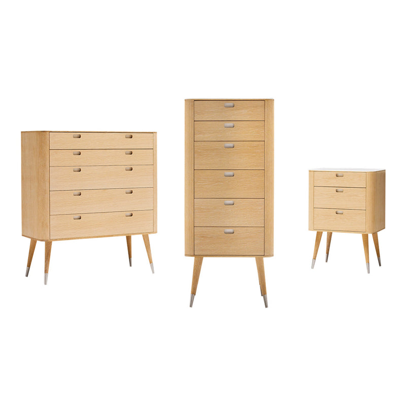 "Light natural wood dressers with sleek lines and silver handles, featuring minimalist design and smooth finishes."