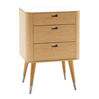 Mid-century modern nightstand in light oak with three drawers and silver accents on tapered legs.
