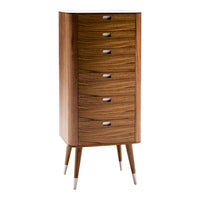 Wooden chest of drawers in rich walnut finish with a smooth, sleek design and subtle curved patterns.
