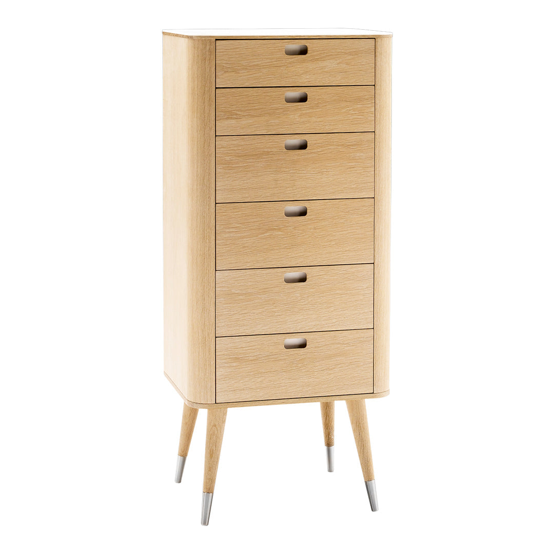 Mid-century modern wooden chest of drawers in light oak with six smooth, minimalist drawers and tapered legs.