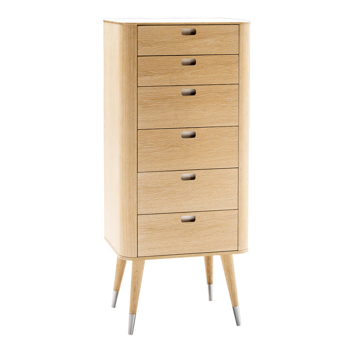 Mid-century modern wooden chest of drawers in light oak with six smooth, minimalist drawers and tapered legs.