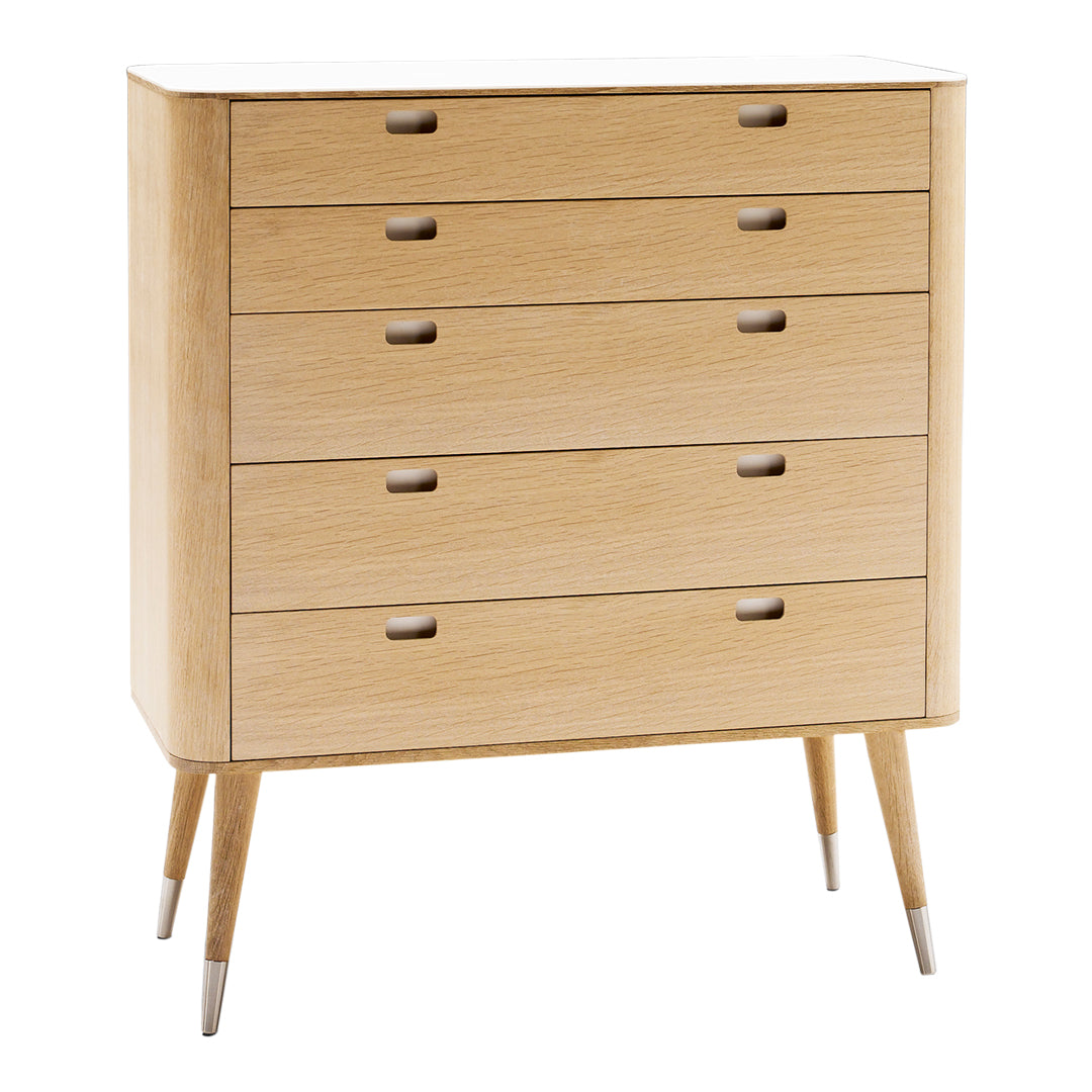 Light oak dresser with five smooth, horizontal drawers and tapered wooden legs, showcasing a natural wood grain pattern.