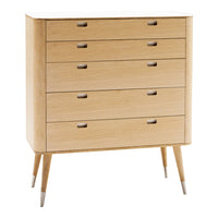 Light oak dresser with five smooth, horizontal drawers and tapered wooden legs, showcasing a natural wood grain pattern.