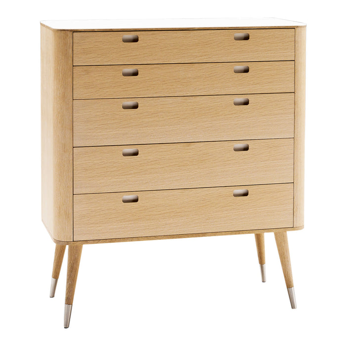 Light oak dresser with five smooth, horizontal drawers and tapered wooden legs, showcasing a natural wood grain pattern.