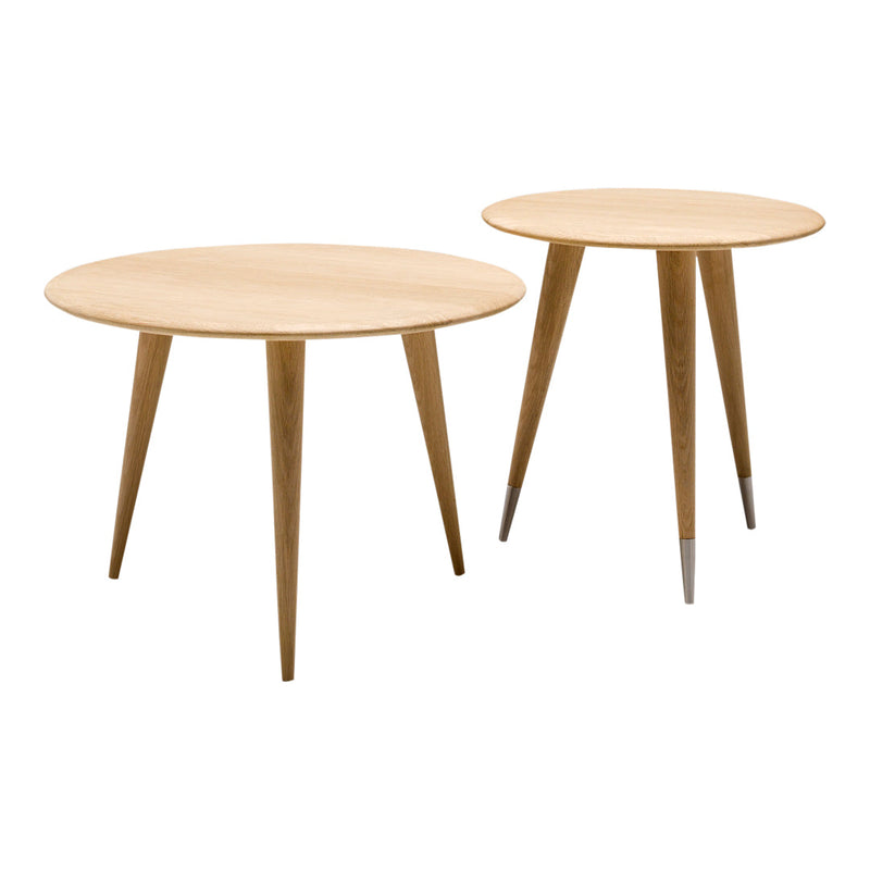 Two round wooden tables in natural wood finish with tapered legs. Simple and modern design. Perfect for any decor.