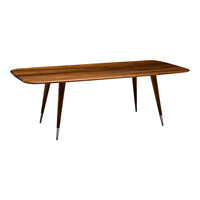 Mid-century modern wooden dining table with a warm walnut finish and sleek silver-tipped legs. Elegant and stylish design.