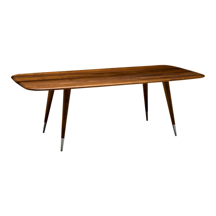Mid-century modern wooden dining table with a warm walnut finish and sleek silver-tipped legs. Elegant and stylish design.
