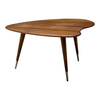 Stylish wooden table with a unique organic shape, featuring a warm brown finish and sleek, tapered legs.
