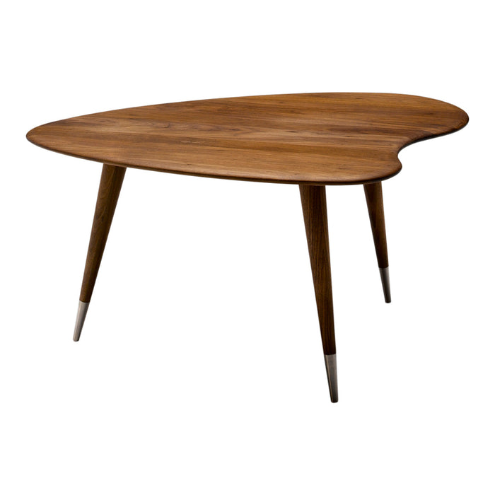 Stylish wooden table with a unique organic shape, featuring a warm brown finish and sleek, tapered legs.