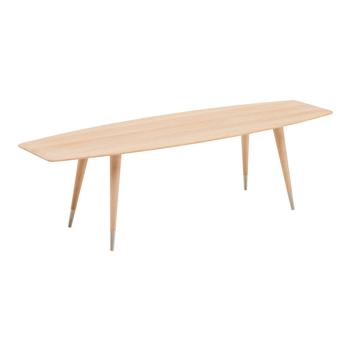 Light wooden table with a smooth, natural finish and sleek tapered legs, perfect for modern decor.