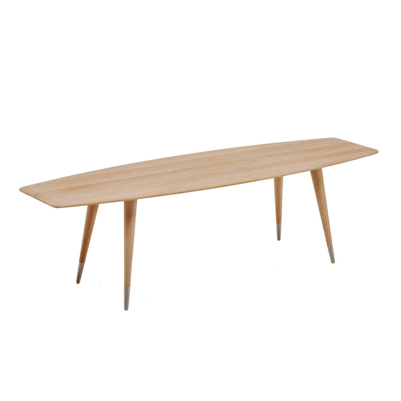 Natural wood finish with a sleek, elongated shape and tapered legs for a modern aesthetic.