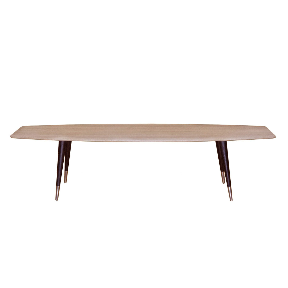 Minimalist wooden coffee table in light beige with dark brown legs, featuring a sleek, smooth surface.