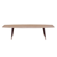 Minimalist wooden coffee table in light beige with dark brown legs, featuring a sleek, smooth surface.