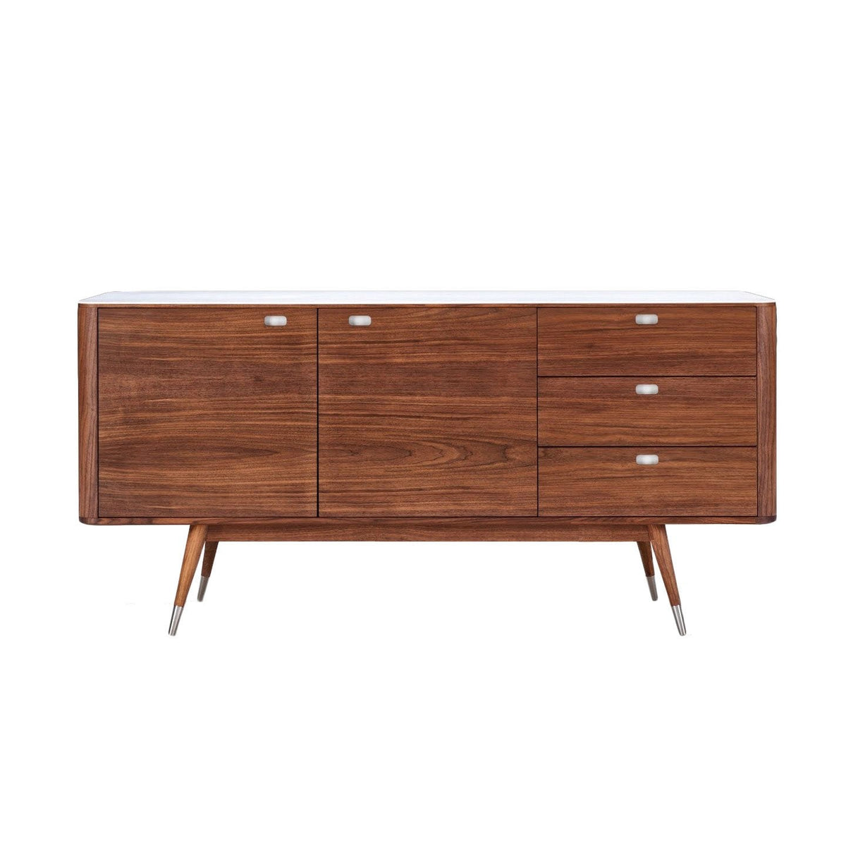 Mid-century modern wooden sideboard in rich walnut finish with sleek white drawer pulls and tapered metal legs.
