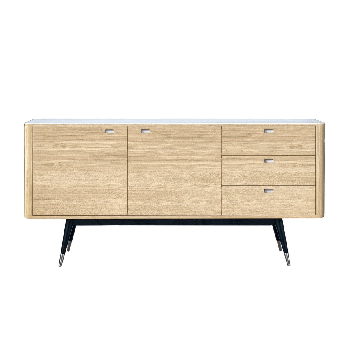 Light wood sideboard with a sleek white top and black legs, featuring smooth, minimalist design with no visible patterns.