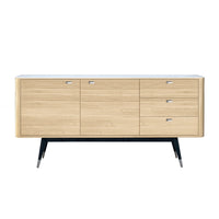Light wood sideboard with a sleek white top and black legs, featuring smooth, minimalist design with no visible patterns.
