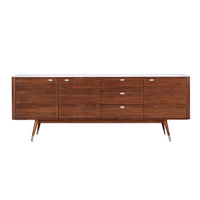 Mid-century modern sideboard in rich walnut finish with white marble top and sleek metal legs. Minimalist design.