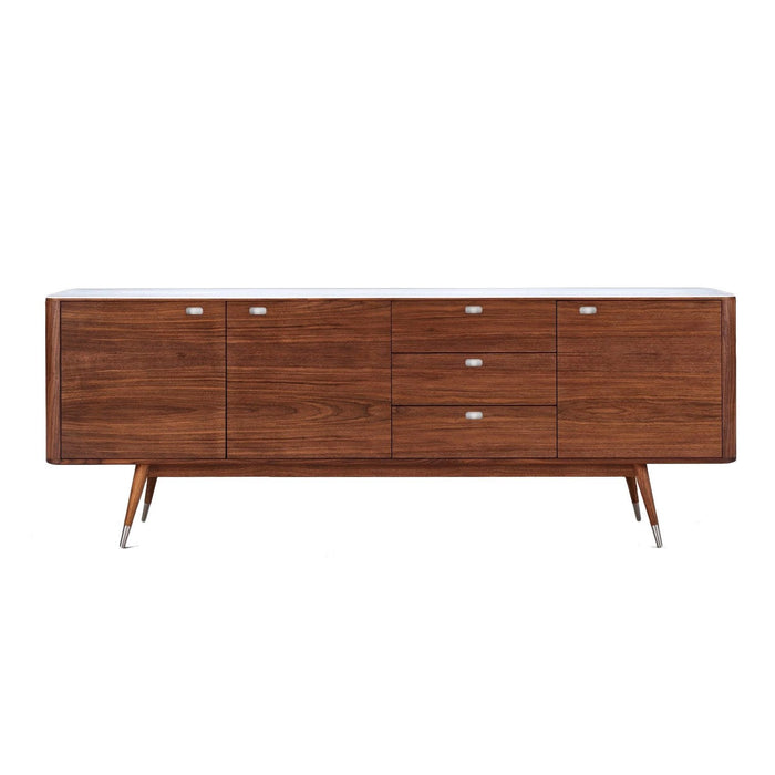 Mid-century modern sideboard in rich walnut finish with white marble top and sleek metal legs. Minimalist design.