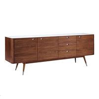 Mid-century modern wooden sideboard in rich walnut brown with a white top and sleek silver knobs.