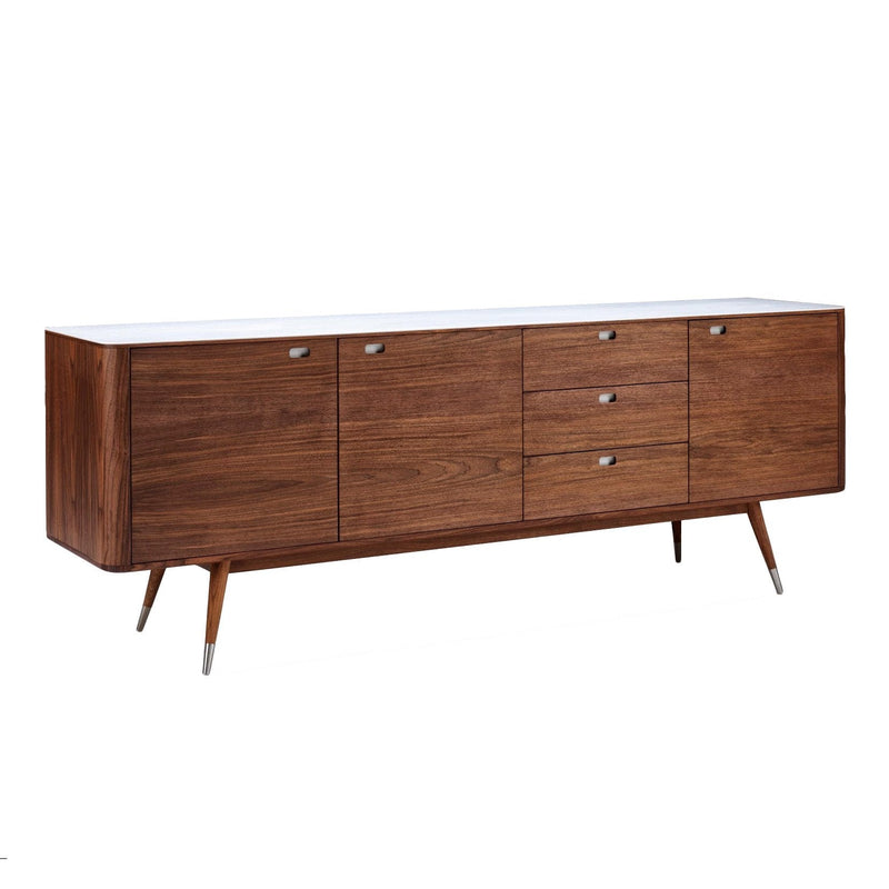 Mid-century modern wooden sideboard in rich walnut brown with a white top and sleek silver knobs.