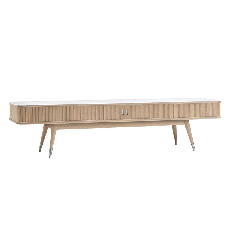 Light wood grain finish with sleek white top and tapered legs, perfect for modern decor.