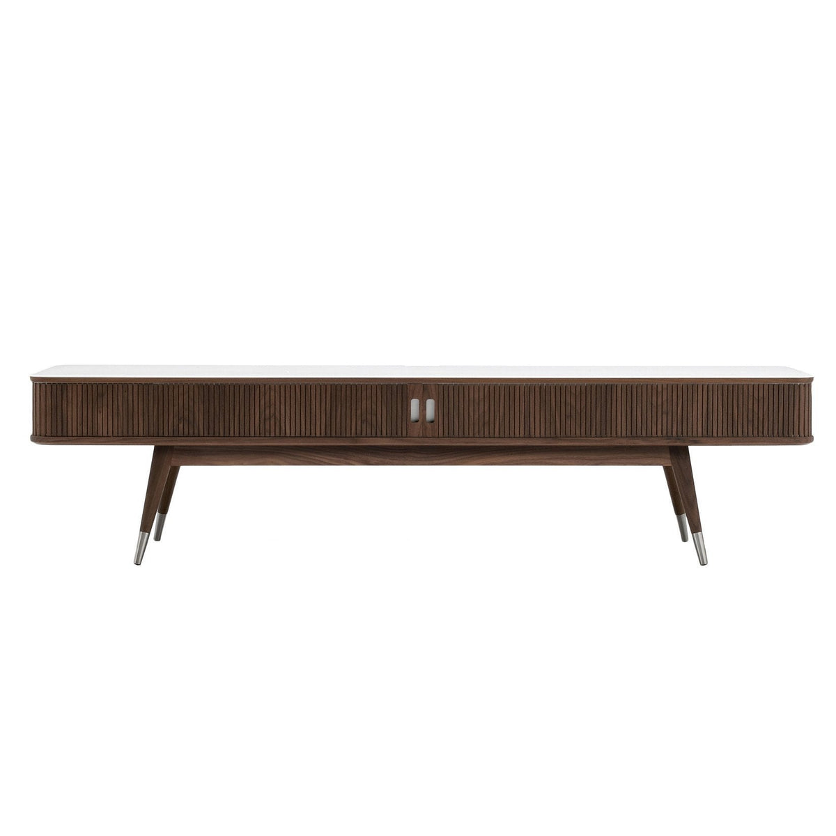 Modern mid-century walnut TV stand with sleek white top and chrome accents. Elegant, minimalist design.